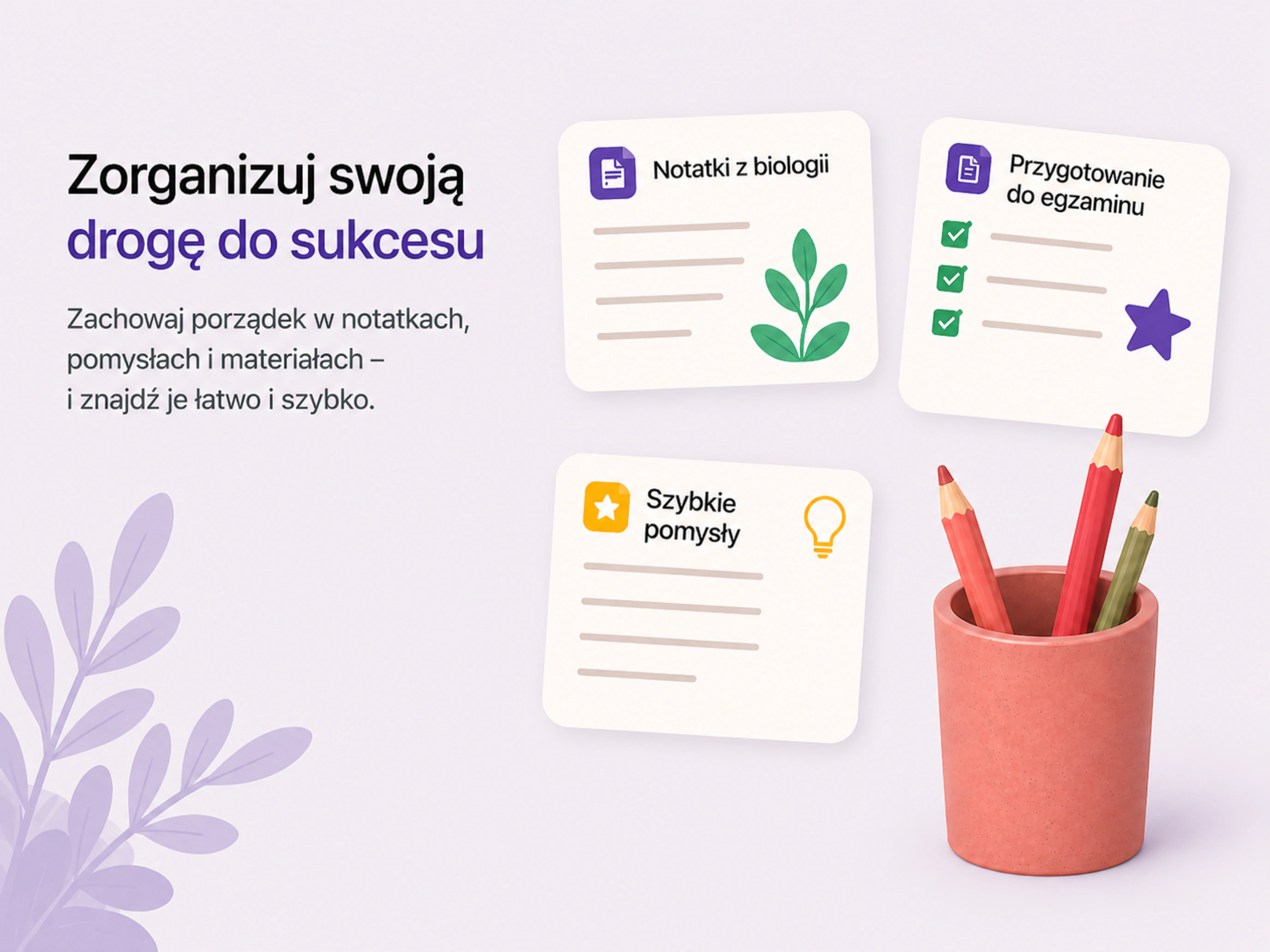 Grafika z listingu Naukado przedstawiająca organizację notatek, pomysłów i materiałów