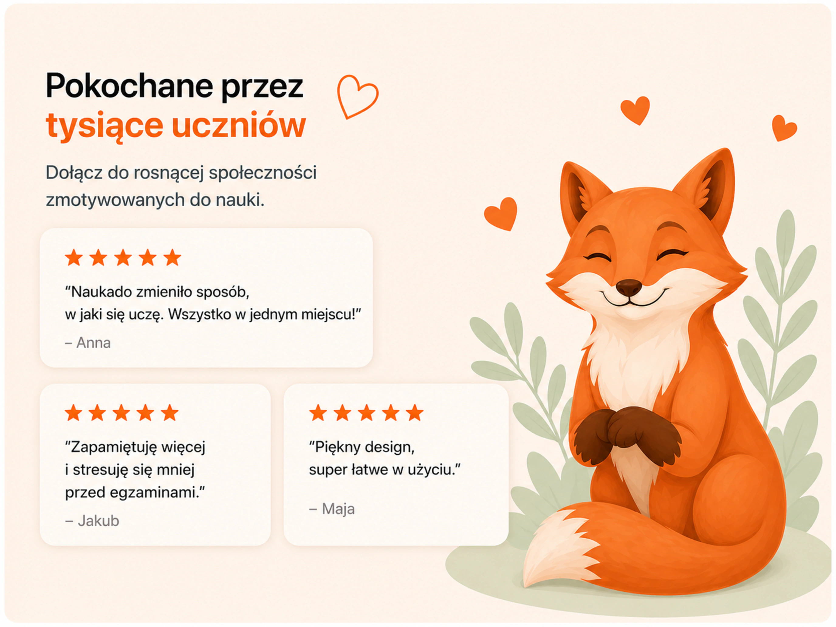 Grafika z listingu Naukado przedstawiająca opinie użytkowników i lisa Naukado